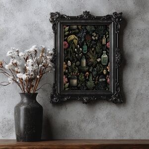 Dark Botanical Apothecary Art Print, Vintage Floral & Mushroom Illustration